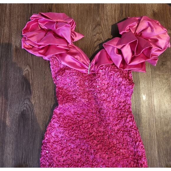 Vintage Zum Zum Hot Pink Ruffle Puff-Sleeve Mini Dress Size 5/6 Made in USA. - Picture 2 of 9